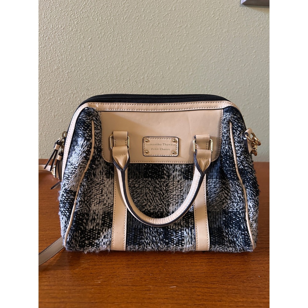 Samantha Thavasa Petit Choice Plaid Tweed Crossbody Satchel Bag Beige Black